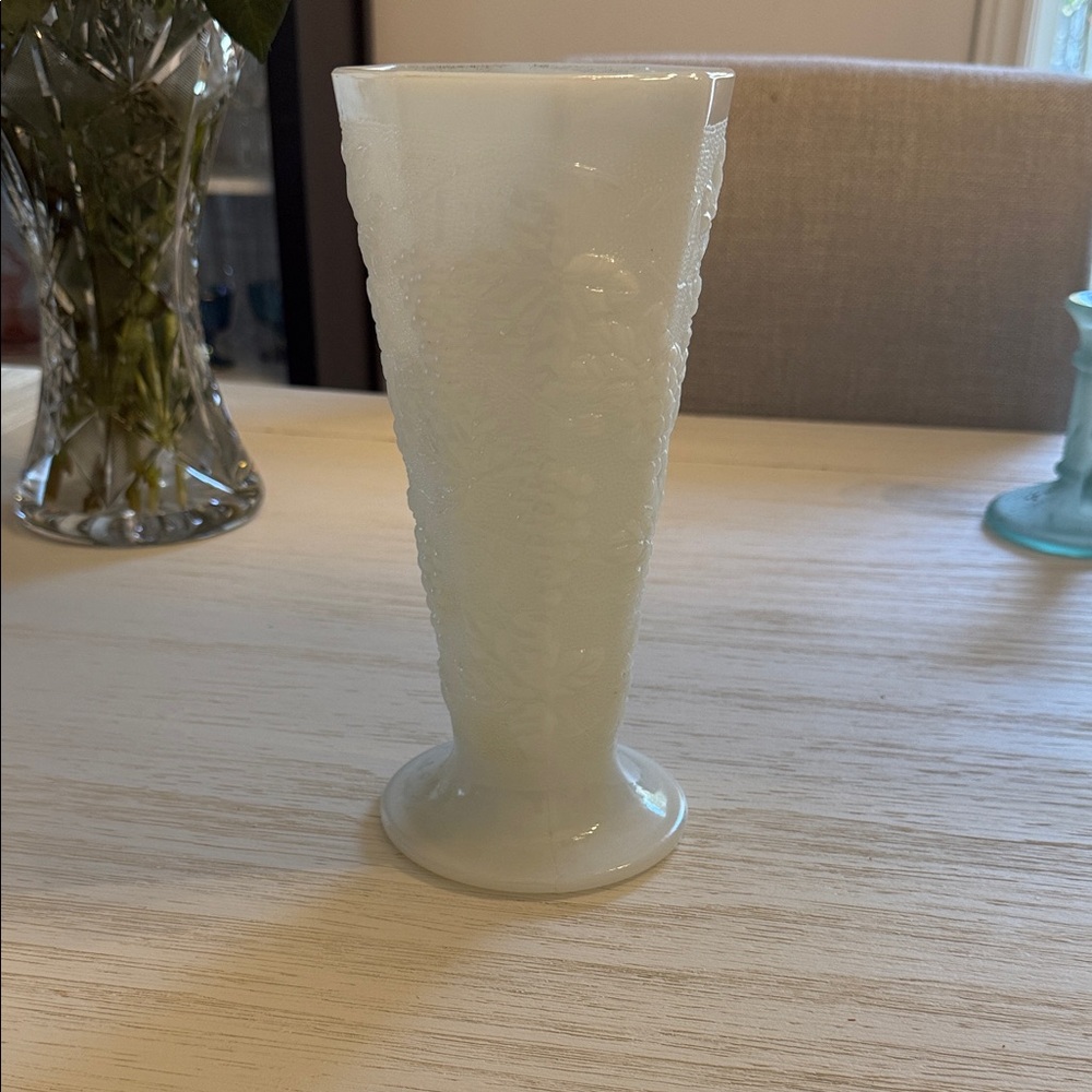 Vintage Milk Glass Tapered Vase with Raised Floral Pattern
